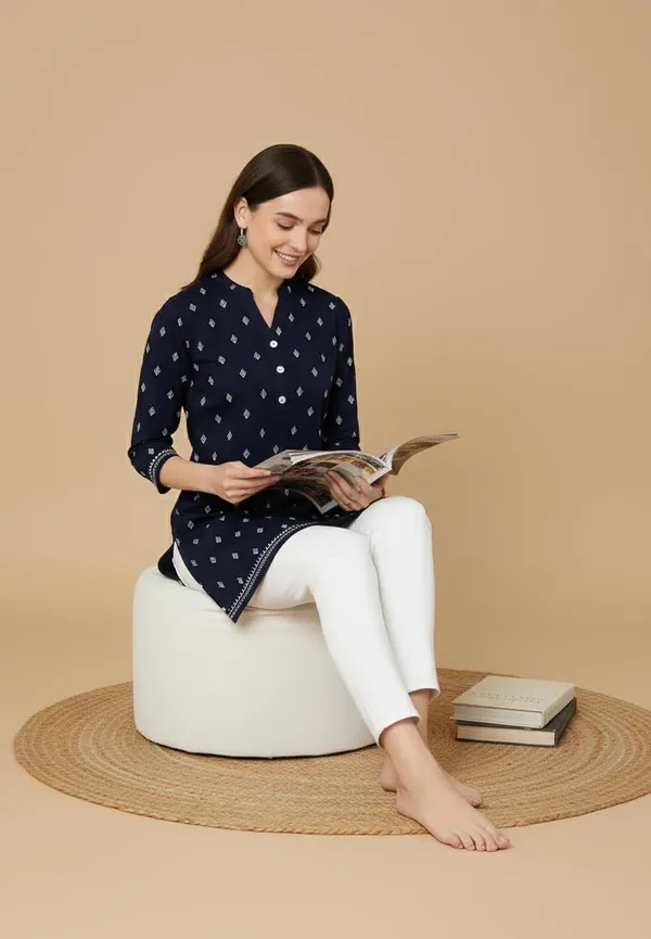Blue_Rayon_Short_Kurta_For_Women_Top_For_Jeans_Ideal_For_Casual_Office_Wear_Tunics_Printed_Design_Regular_Fit_With_3/4_Sleeves