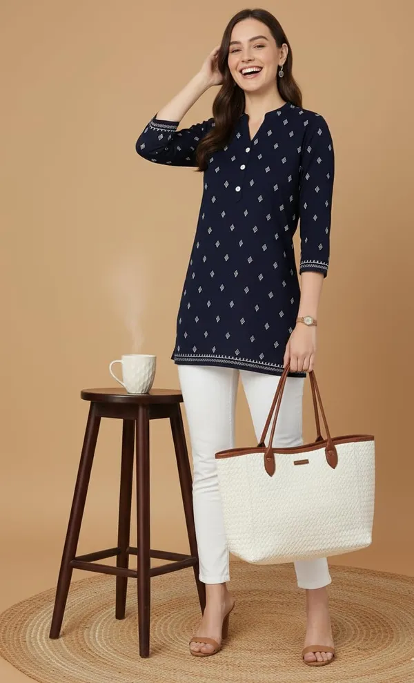 Blue_Rayon_Short_Kurta_For_Women_Top_For_Jeans_Ideal_For_Casual_Office_Wear_Tunics_Printed_Design_Regular_Fit_With_3/4_Sleeves