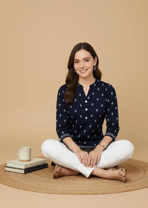Blue_Rayon_Short_Kurta_For_Women_Top_For_Jeans_Ideal_For_Casual_Office_Wear_Tunics_Printed_Design_Regular_Fit_With_3/4_Sleeves