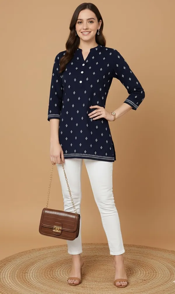 Blue_Rayon_Short_Kurta_For_Women_Top_For_Jeans_Ideal_For_Casual_Office_Wear_Tunics_Printed_Design_Regular_Fit_With_3/4_Sleeves