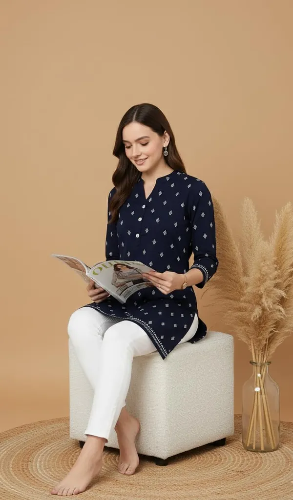 Blue_Rayon_Short_Kurta_For_Women_Top_For_Jeans_Ideal_For_Casual_Office_Wear_Tunics_Printed_Design_Regular_Fit_With_3/4_Sleeves