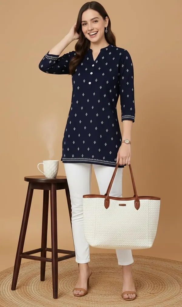Blue_Rayon_Short_Kurta_For_Women_Top_For_Jeans_Ideal_For_Casual_Office_Wear_Tunics_Printed_Design_Regular_Fit_With_3/4_Sleeves