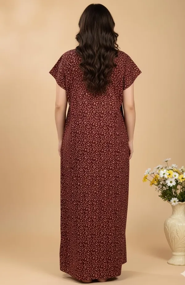 Maroon_Pure_Cotton_Maxi_With_Pocket_Free_Size_Small_Print_Nighty_Cotton_Maxi_Gown_Stylish_Nighty_For_Women