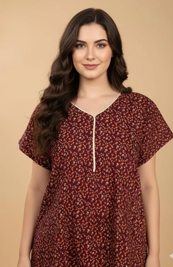 Maroon_Pure_Cotton_Maxi_With_Pocket_Free_Size_Small_Print_Nighty_Cotton_Maxi_Gown_Stylish_Nighty_For_Women