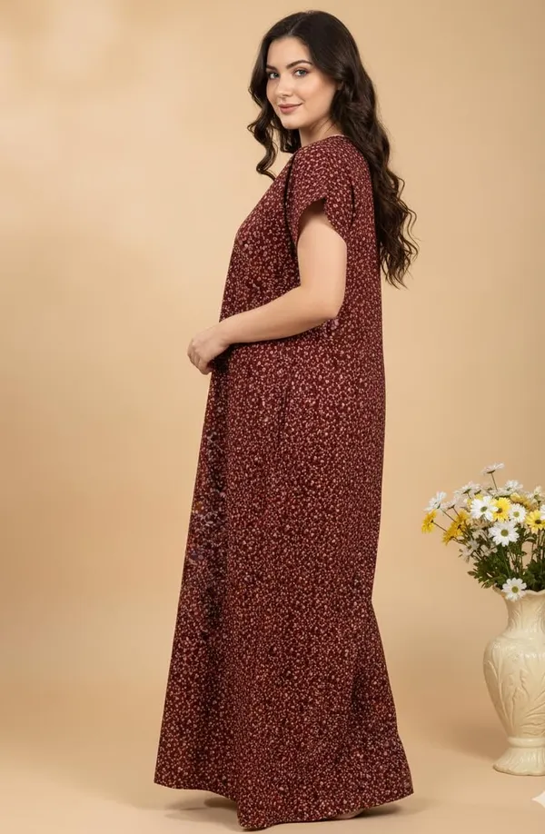 Maroon_Pure_Cotton_Maxi_With_Pocket_Free_Size_Small_Print_Nighty_Cotton_Maxi_Gown_Stylish_Nighty_For_Women