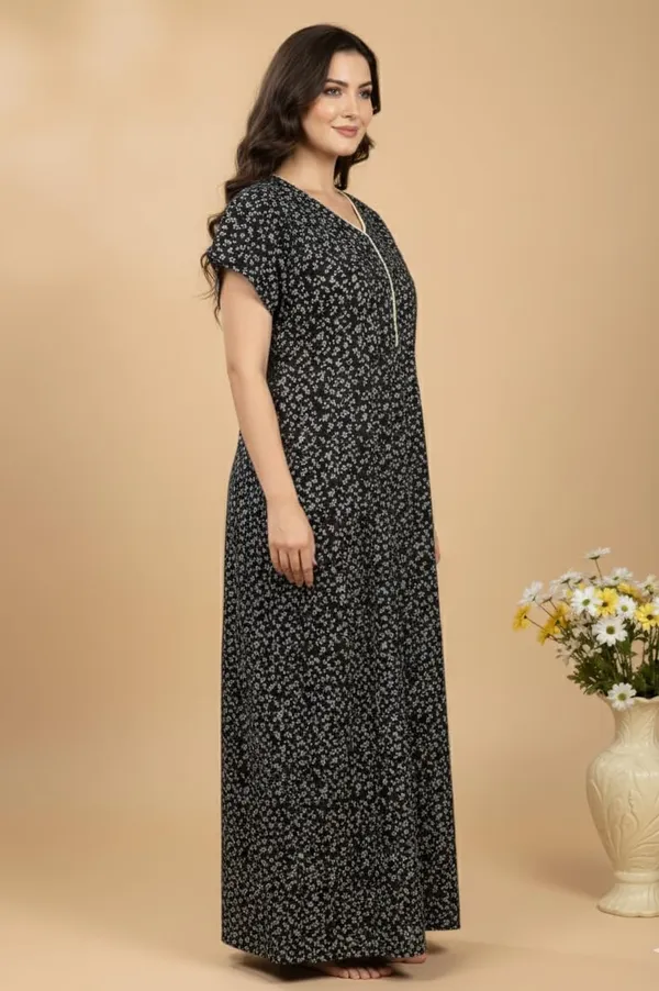 Black_Pure_Cotton_Maxi_With_Pocket_Free_Size_Small_Print_Nighty_Cotton_Maxi_Gown_Stylish_Nighty_For_Women