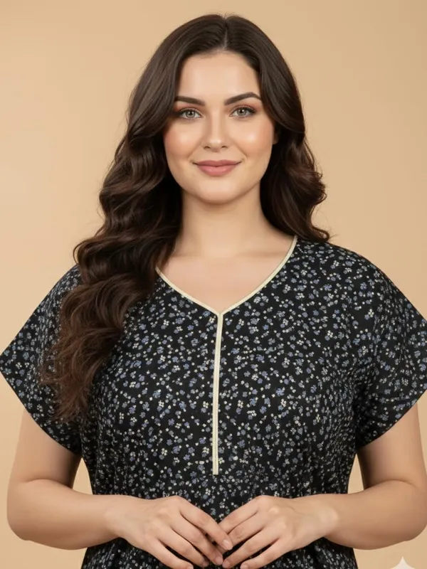 Black_Pure_Cotton_Maxi_With_Pocket_Free_Size_Small_Print_Nighty_Cotton_Maxi_Gown_Stylish_Nighty_For_Women