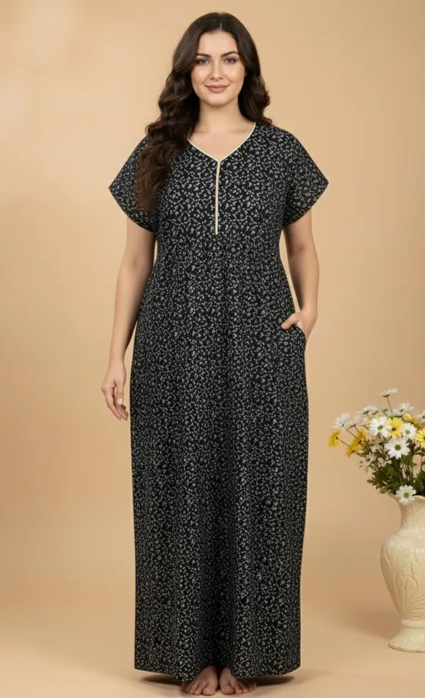 Black_Pure_Cotton_Maxi_With_Pocket_Free_Size_Small_Print_Nighty_Cotton_Maxi_Gown_Stylish_Nighty_For_Women