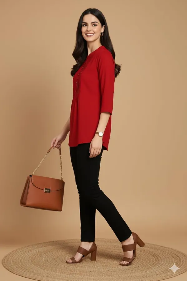 Red_Rayon_Short_Kurti_For_Women_Solid_Pleated_Tops_For_Jeans_For_Women_Ideal_For_Casual_Office_Wear_Tunics_3/4_Sleeve_And_Regular_Fit