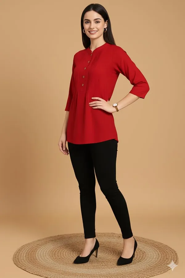 Red_Rayon_Short_Kurti_For_Women_Solid_Pleated_Tops_For_Jeans_For_Women_Ideal_For_Casual_Office_Wear_Tunics_3/4_Sleeve_And_Regular_Fit