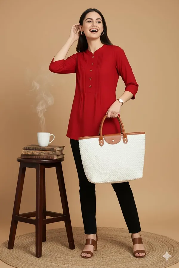 Red_Rayon_Short_Kurti_For_Women_Solid_Pleated_Tops_For_Jeans_For_Women_Ideal_For_Casual_Office_Wear_Tunics_3/4_Sleeve_And_Regular_Fit