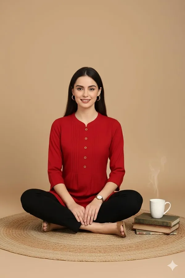 Red_Rayon_Short_Kurti_For_Women_Solid_Pleated_Tops_For_Jeans_For_Women_Ideal_For_Casual_Office_Wear_Tunics_3/4_Sleeve_And_Regular_Fit