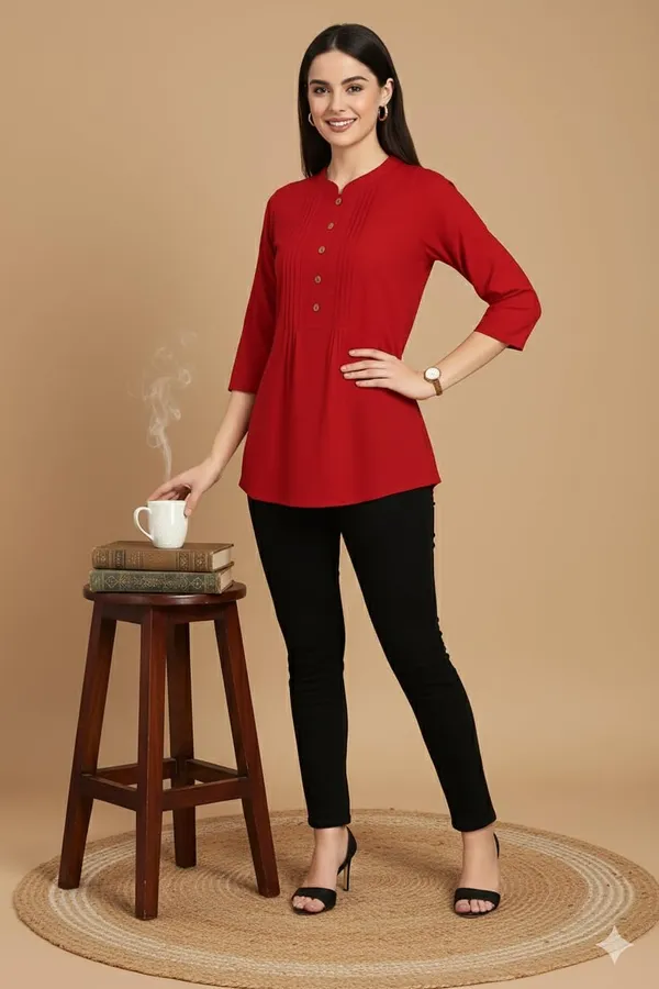 Red_Rayon_Short_Kurti_For_Women_Solid_Pleated_Tops_For_Jeans_For_Women_Ideal_For_Casual_Office_Wear_Tunics_3/4_Sleeve_And_Regular_Fit