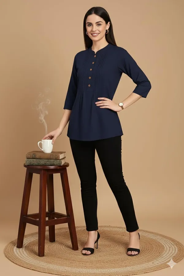 Navy_Blue_Rayon_Short_Kurti_For_Women_Solid_Pleated_Tops_For_Jeans_For_Women_Ideal_For_Casual_Office_Wear_Tunics_3/4_Sleeve_And_Regular_Fit