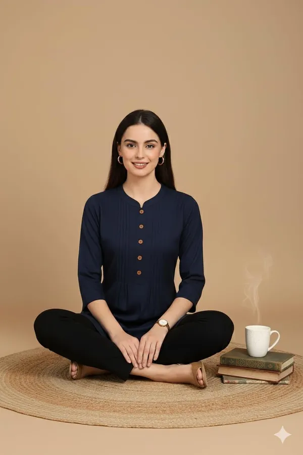 Navy_Blue_Rayon_Short_Kurti_For_Women_Solid_Pleated_Tops_For_Jeans_For_Women_Ideal_For_Casual_Office_Wear_Tunics_3/4_Sleeve_And_Regular_Fit