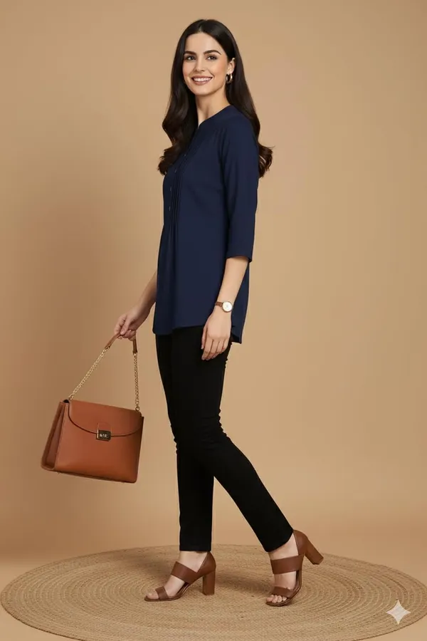 Navy_Blue_Rayon_Short_Kurti_For_Women_Solid_Pleated_Tops_For_Jeans_For_Women_Ideal_For_Casual_Office_Wear_Tunics_3/4_Sleeve_And_Regular_Fit