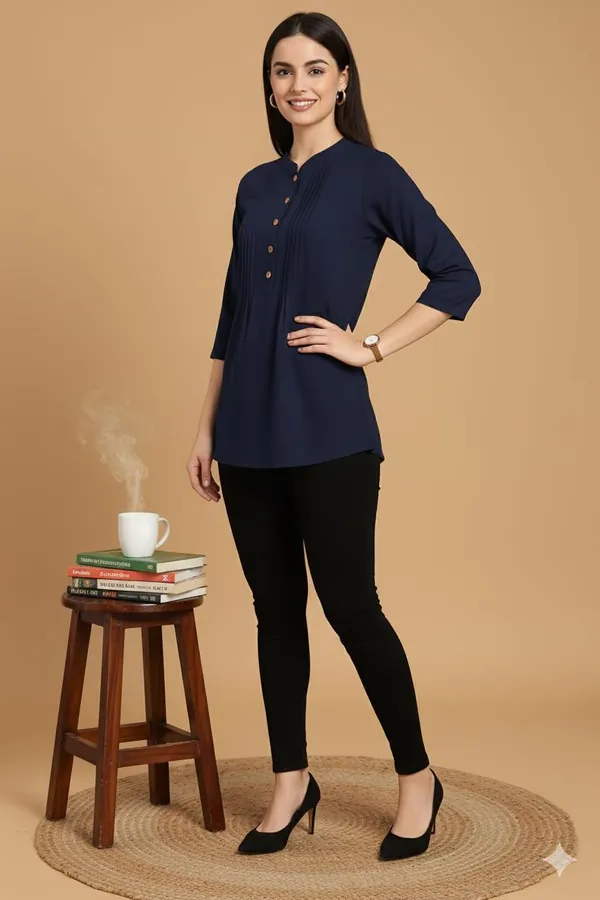 Navy_Blue_Rayon_Short_Kurti_For_Women_Solid_Pleated_Tops_For_Jeans_For_Women_Ideal_For_Casual_Office_Wear_Tunics_3/4_Sleeve_And_Regular_Fit