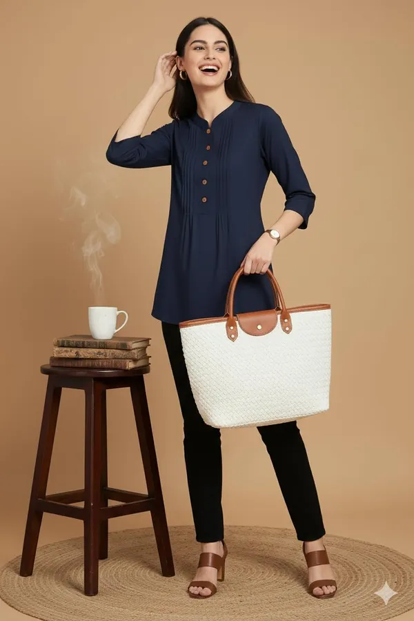 Navy_Blue_Rayon_Short_Kurti_For_Women_Solid_Pleated_Tops_For_Jeans_For_Women_Ideal_For_Casual_Office_Wear_Tunics_3/4_Sleeve_And_Regular_Fit