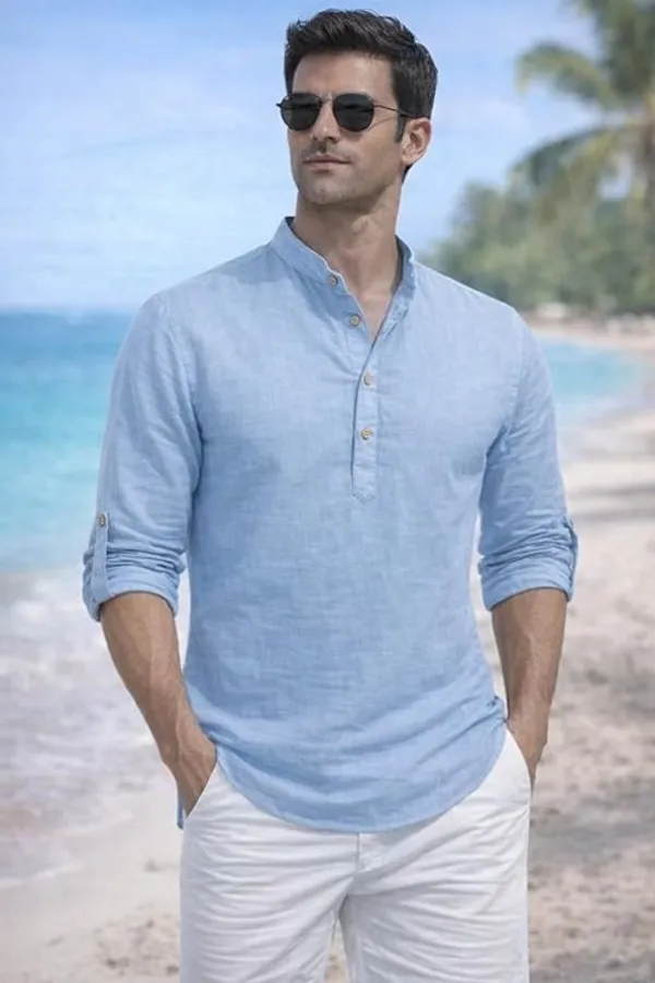 Pure_Cotton_Short_Kurta_for_Men_with_Chinese_Collar_and_Roll-Tab_Sleeves_|_Solid_Kurta_Shirt_for_Men_for_Casualwear_and_Daily_Comfort