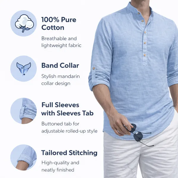 Pure_Cotton_Short_Kurta_for_Men_with_Chinese_Collar_and_Roll-Tab_Sleeves_|_Solid_Kurta_Shirt_for_Men_for_Casualwear_and_Daily_Comfort