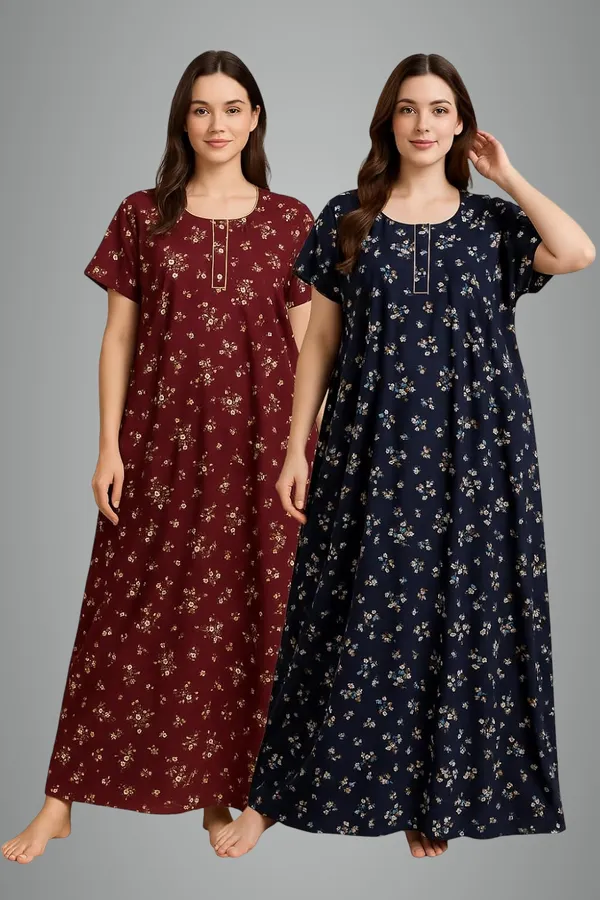 Pack_of_2_Blue_&_Brown_Floral_Pure_Cotton_Nighty_With_Pocket_Free_Size_Maxi_Dress_Cotton_Night_Dress_Gown_Stylish_Nighty_For_Women