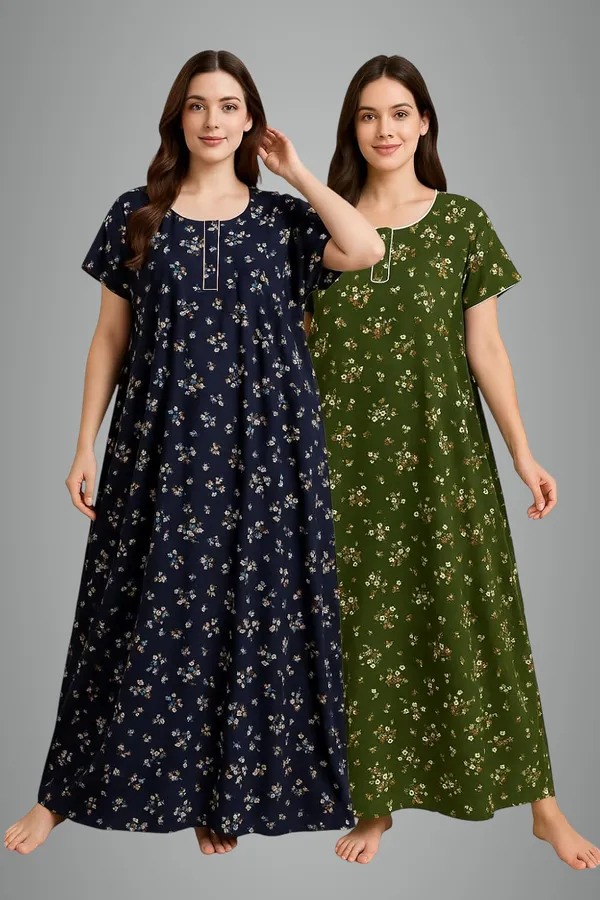Pack_of_2_Blue_&_Green_Floral_Pure_Cotton_Nighty_With_Pocket_Free_Size_Maxi_Dress_Cotton_Night_Dress_Gown_Stylish_Nighty_For_Women