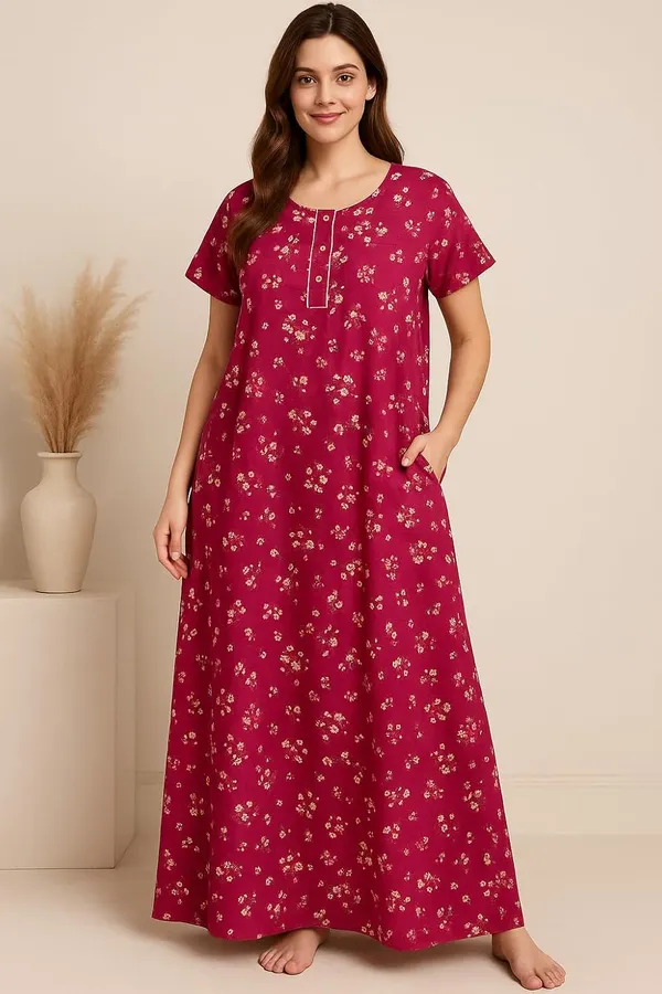Pack_of_2_Blue_&_Pink_Floral_Pure_Cotton_Nighty_With_Pocket_Free_Size_Maxi_Dress_Cotton_Night_Dress_Gown_Stylish_Nighty_For_Women