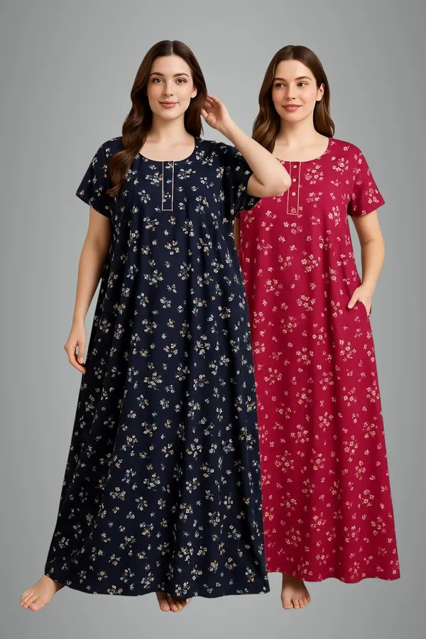 Pack_of_2_Blue_&_Pink_Floral_Pure_Cotton_Nighty_With_Pocket_Free_Size_Maxi_Dress_Cotton_Night_Dress_Gown_Stylish_Nighty_For_Women