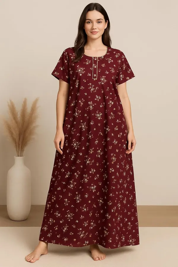 Pack_of_2_Brown_&_Green_Floral_Pure_Cotton_Nighty_With_Pocket_Free_Size_Maxi_Dress_Cotton_Night_Dress_Gown_Stylish_Nighty_For_Women