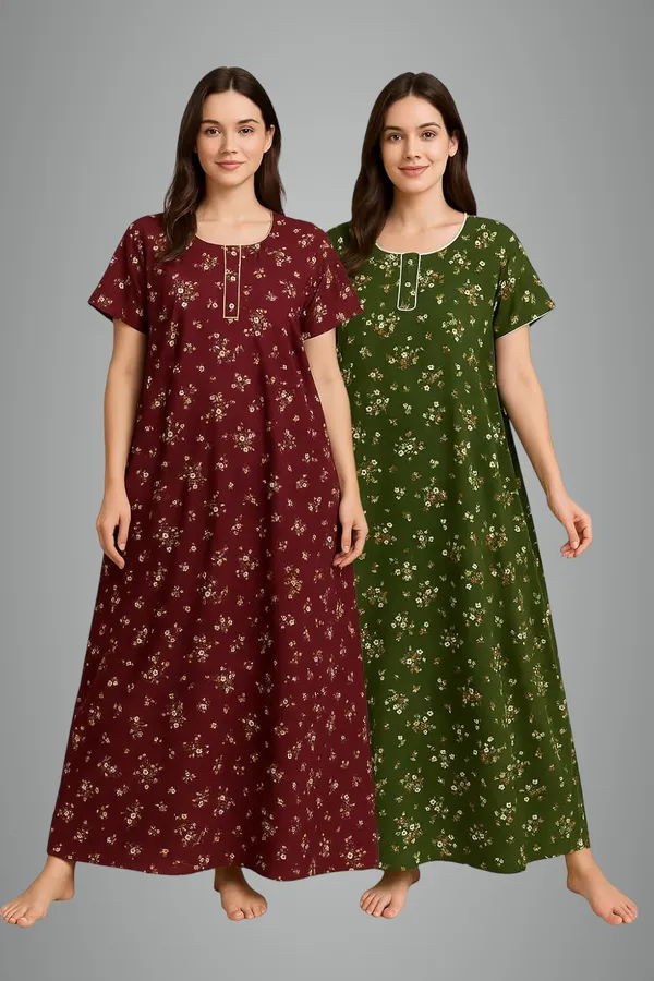 Pack_of_2_Brown_&_Green_Floral_Pure_Cotton_Nighty_With_Pocket_Free_Size_Maxi_Dress_Cotton_Night_Dress_Gown_Stylish_Nighty_For_Women