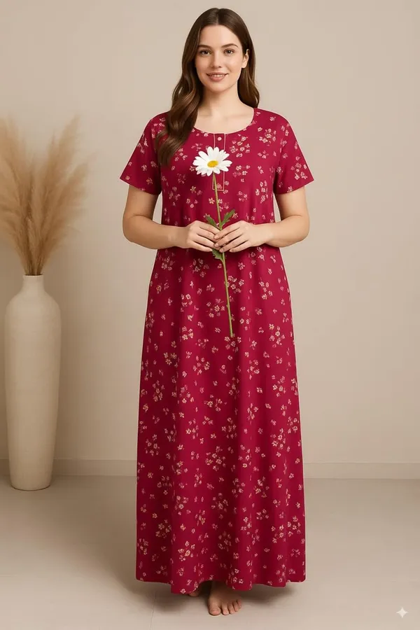 Pack_of_2_Brown_&_Pink_Floral_Pure_Cotton_Nighty_With_Pocket_Free_Size_Maxi_Dress_Cotton_Night_Dress_Gown_Stylish_Nighty_For_Women