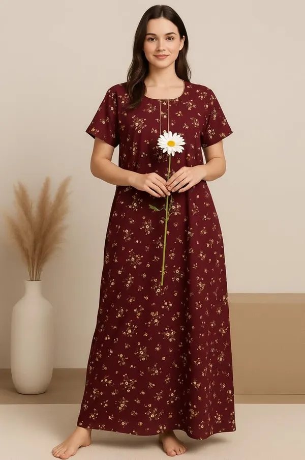 Pack_of_2_Brown_&_Pink_Floral_Pure_Cotton_Nighty_With_Pocket_Free_Size_Maxi_Dress_Cotton_Night_Dress_Gown_Stylish_Nighty_For_Women
