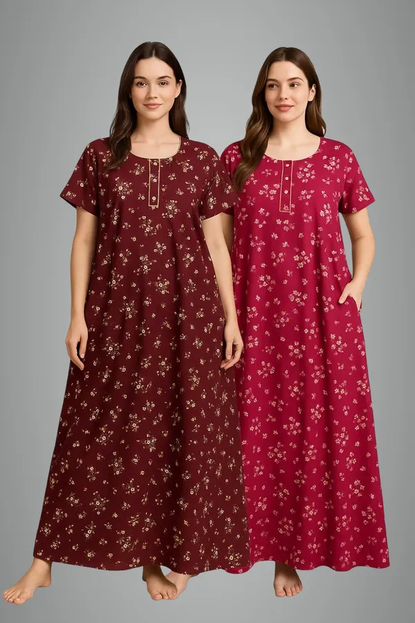 Pack_of_2_Brown_&_Pink_Floral_Pure_Cotton_Nighty_With_Pocket_Free_Size_Maxi_Dress_Cotton_Night_Dress_Gown_Stylish_Nighty_For_Women