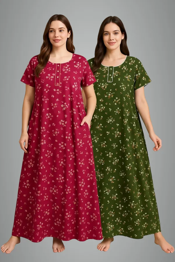 Pack_of_2_Green_&_Pink_Floral_Pure_Cotton_Nighty_With_Pocket_Free_Size_Maxi_Dress_Cotton_Night_Dress_Gown_Stylish_Nighty_For_Women