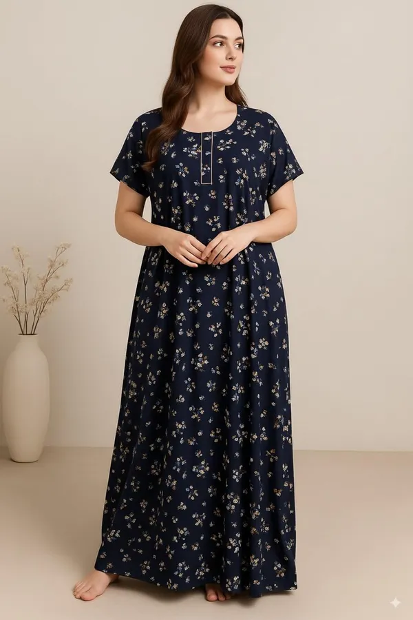 Blue_Pure_Cotton_Floral_Nighty_For_Women_With_Pocket_Free_Size_Maxi_Dress_Cotton_Night_Dress_Stylish_Gown