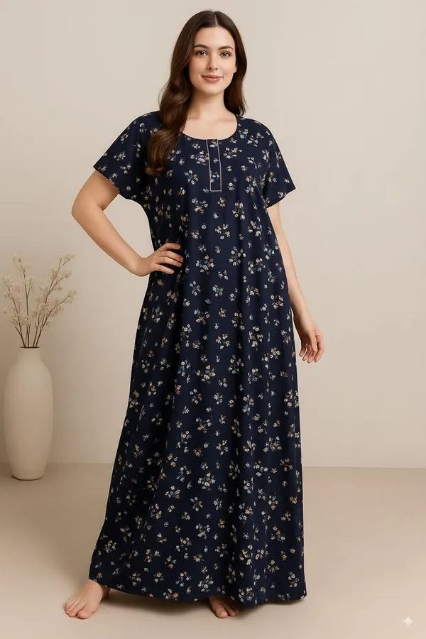 Blue_Pure_Cotton_Floral_Nighty_For_Women_With_Pocket_Free_Size_Maxi_Dress_Cotton_Night_Dress_Stylish_Gown