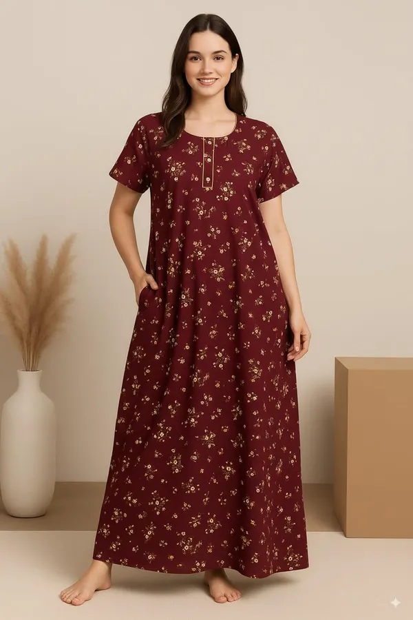 Brown_Pure_Cotton_Floral_Nighty_For_Women_With_Pocket_Free_Size_Maxi_Dress_Cotton_Night_Dress_Stylish_Gown