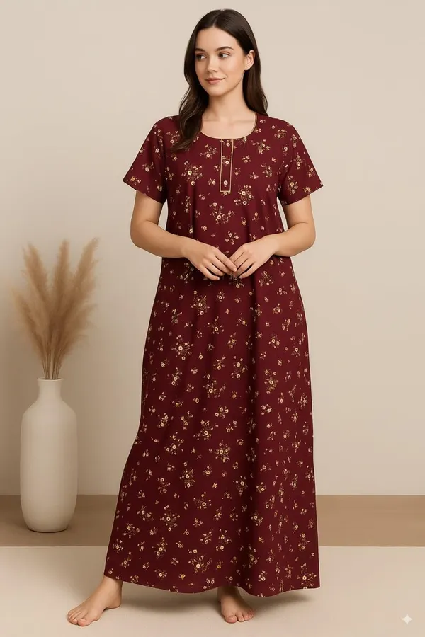 Brown_Pure_Cotton_Floral_Nighty_For_Women_With_Pocket_Free_Size_Maxi_Dress_Cotton_Night_Dress_Stylish_Gown