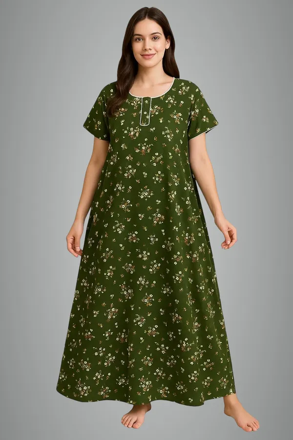 Green_Pure_Cotton_Floral_Nighty_For_Women_With_Pocket_Free_Size_Maxi_Dress_Cotton_Night_Dress_Stylish_Gown