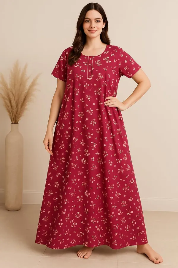 Pink_Pure_Cotton_Floral_Nighty_For_Women_With_Pocket_Free_Size_Maxi_Dress_Cotton_Night_Dress_Stylish_Gown