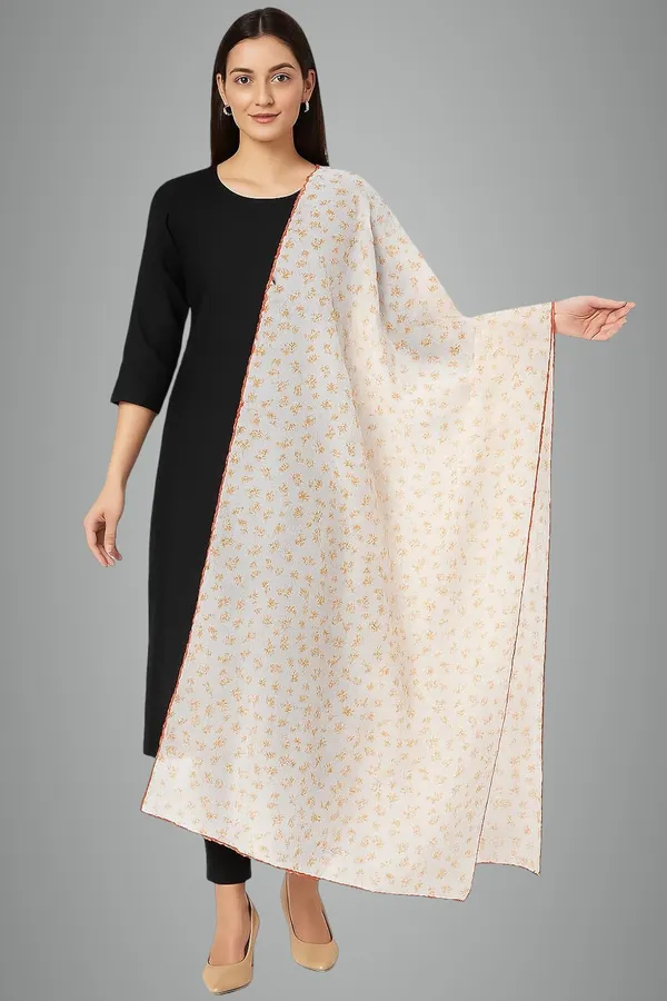 Orange_Floral_Print_Cotton_Feel_Dupatta_2.0_Meter_Soft_Breathable_Chunni_Shawl_Stole_With_Arco_Lace_Premium_Dupatta_For_Summer_Wear