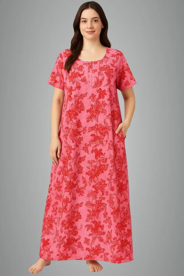 Rose_Pink_Pure_Cotton_Frock_Nighty_With_Pocket_Free_Size_Maxi_Dress_Cotton_Night_Dress_Gown_Stylish_Cotton_Nighty