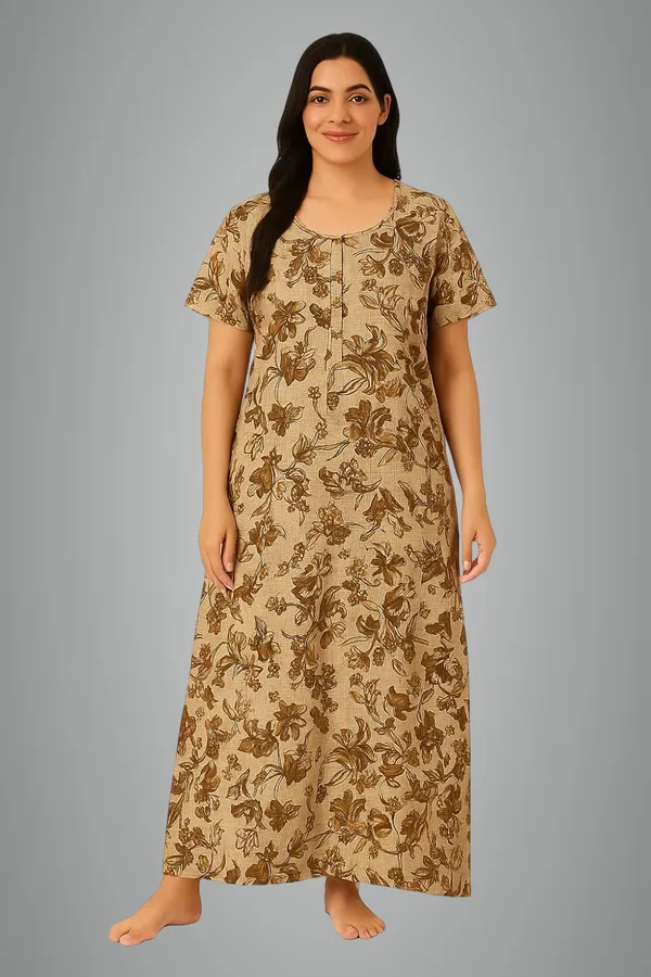 Earthy_Brown_Pure_Cotton_Frock_Nighty_With_Pocket_Free_Size_Maxi_Dress_Cotton_Night_Dress_Gown_Stylish_Cotton_Nighty_For_Women
