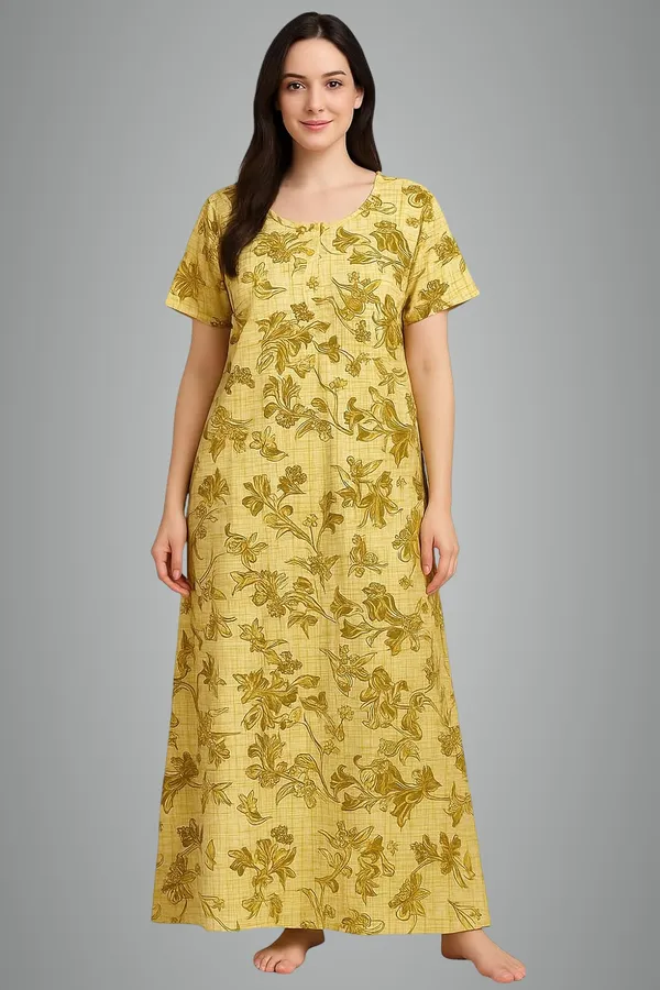 Yellow_Pure_Cotton_Frock_Nighty_With_Pocket_Free_Size_Maxi_Dress_Cotton_Night_Dress_Gown_Stylish_Cotton_Nighty