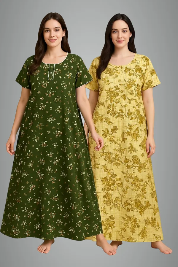 Pack_Of_2_Dark_Green_&_Yellow_Cotton_Nighty_For_Women_Free_Size_Gown_With_Pocket_Stylish_Maxi_Sleepwear_Nighties_Combo