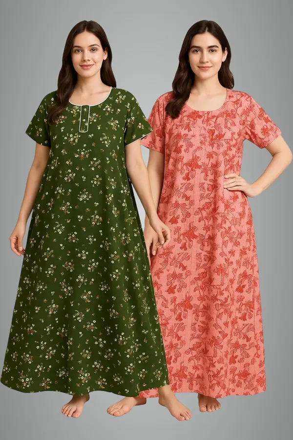 Pack_Of_2_Dark_Green_&_Red_Cotton_Nighty_For_Women_Free_Size_Gown_With_Pocket_Stylish_Maxi_Sleepwear_Nighties_Combo