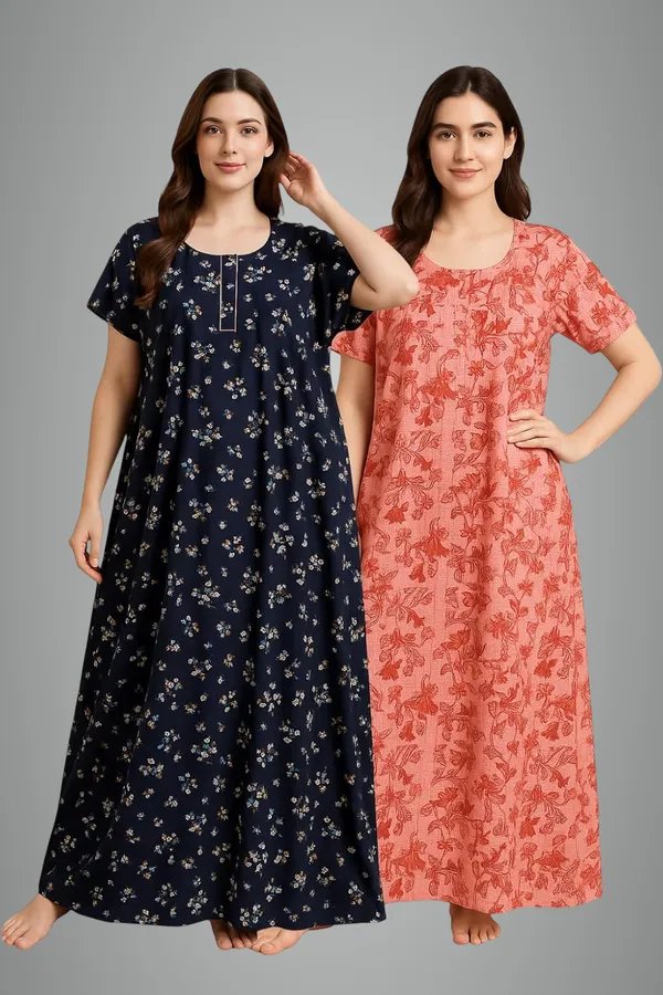 Pack_Of_2_Dark_Blue_&_Red_Cotton_Nighty_For_Women_Free_Size_Gown_With_Pocket_Stylish_Maxi_Sleepwear_Nighties_Combo