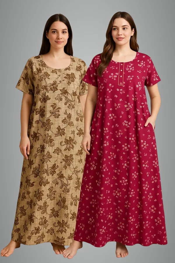 Pack_Of_2_Dark_Pink_&_Brown_Cotton_Nighty_Gown_With_Pocket_Pure_Cotton_Nighties_Stylish_Maxi_Sleepwear_For_Women_Combo