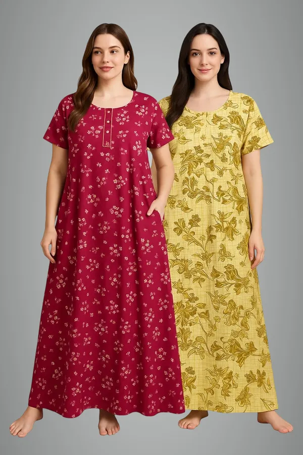 Pack_Of_2_Dark_Pink_&_Yellow_Cotton_Nighty_For_Women_Free_Size_Gown_With_Pocket_Pure_Cotton_Nighties_Stylish_Maxi_Sleepwear_Combo
