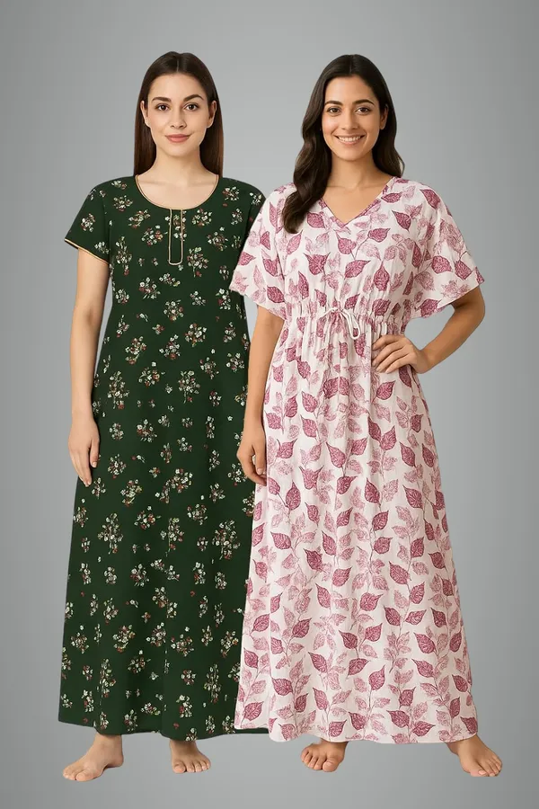 Pack_Of_2_Pink_&_Olive_Green_Cotton_Nighty_For_Women_Free_Size_Kaftan_With_Gown_And_Pocket_Stylish_Kaftan_Maxi_Nighties_Combo